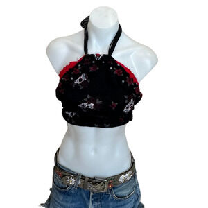 Sugar Skull Black Halter Top Cropped Black One Size Whimsigoth Handcrafted NEW